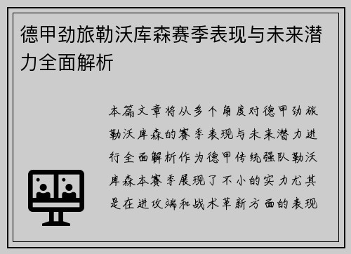 德甲劲旅勒沃库森赛季表现与未来潜力全面解析