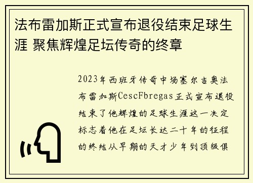 法布雷加斯正式宣布退役结束足球生涯 聚焦辉煌足坛传奇的终章